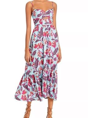 A.L.C. Floral Midi Dress in Light Blue with Pink and Purple Accents